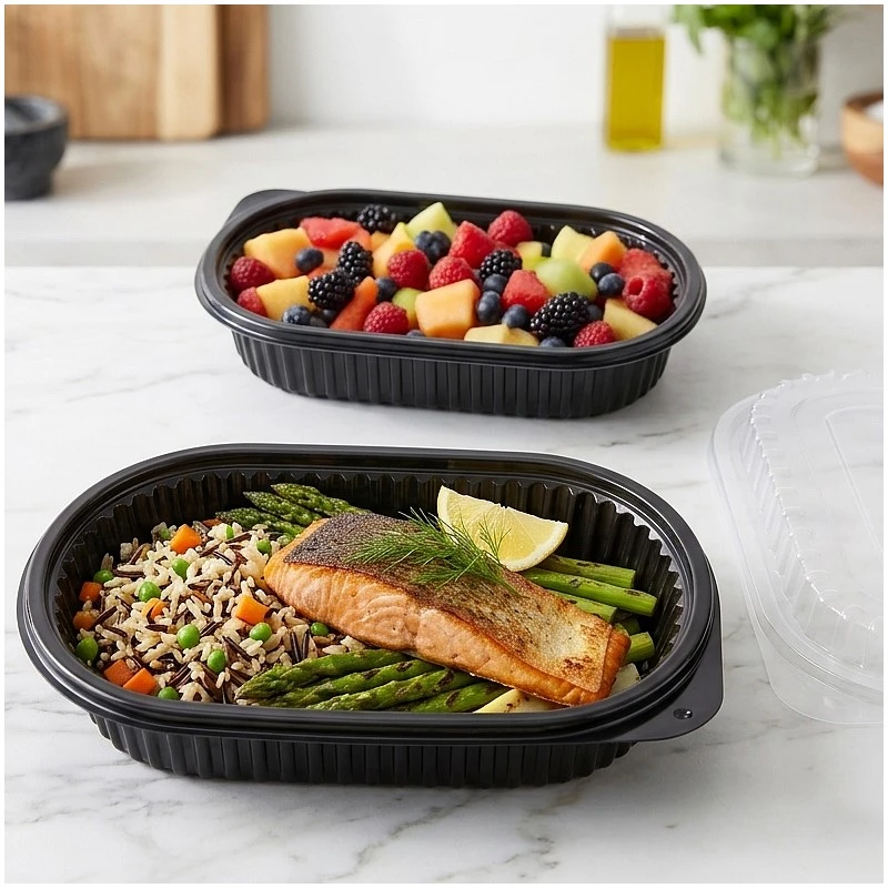 black plastic takeout containers
